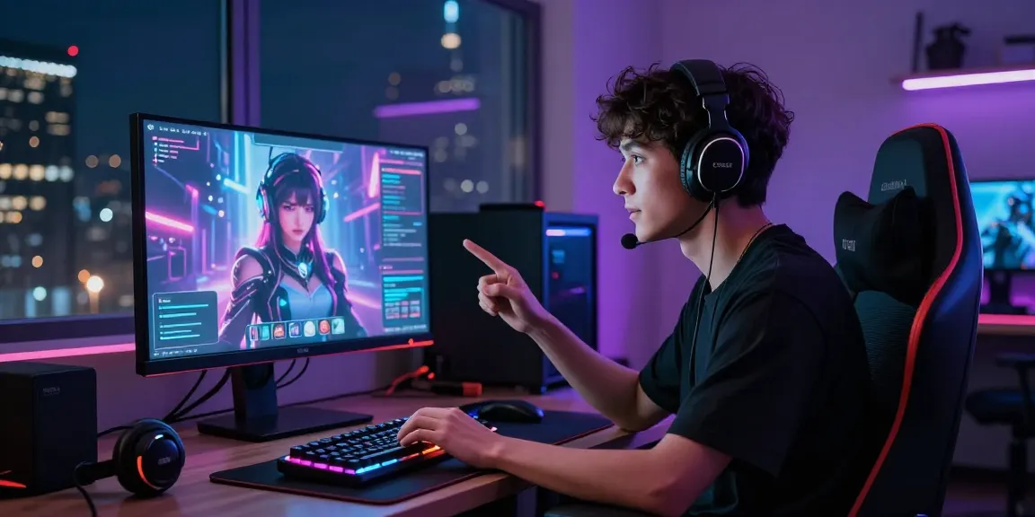 User engaged in ai sex chat with animated AI character at modern gaming setup, showcasing cutting-edge technology and interactive experience.