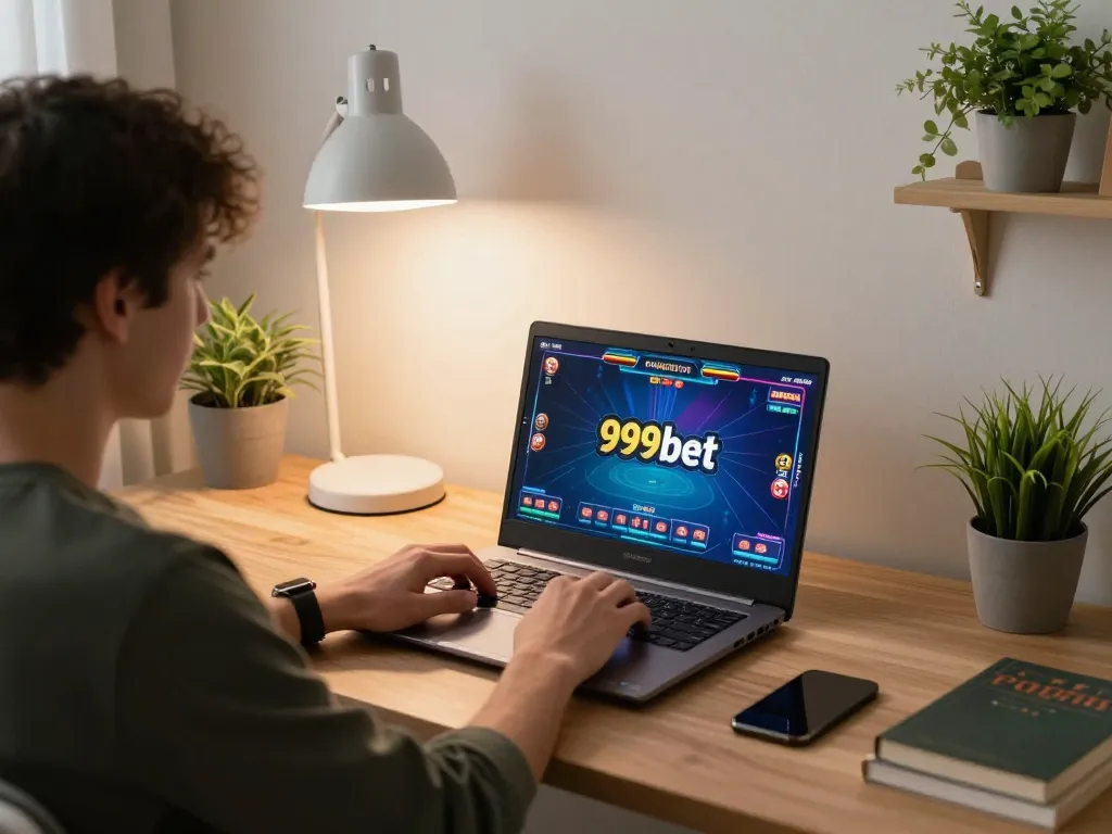 Engaging with 999bet online, a player strategizes in a cozy home setting.