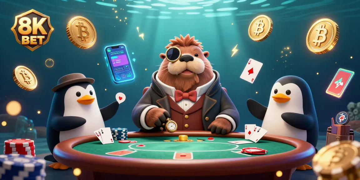 Experience high-stakes poker at 8K BET featuring a walrus, penguin dealer, and pufferfish player