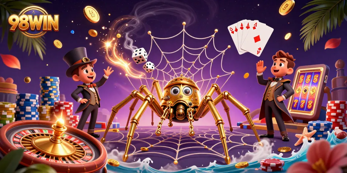 Experience thrilling gaming action with 98WIN's vibrant casino elements and immersive 3D illustration.