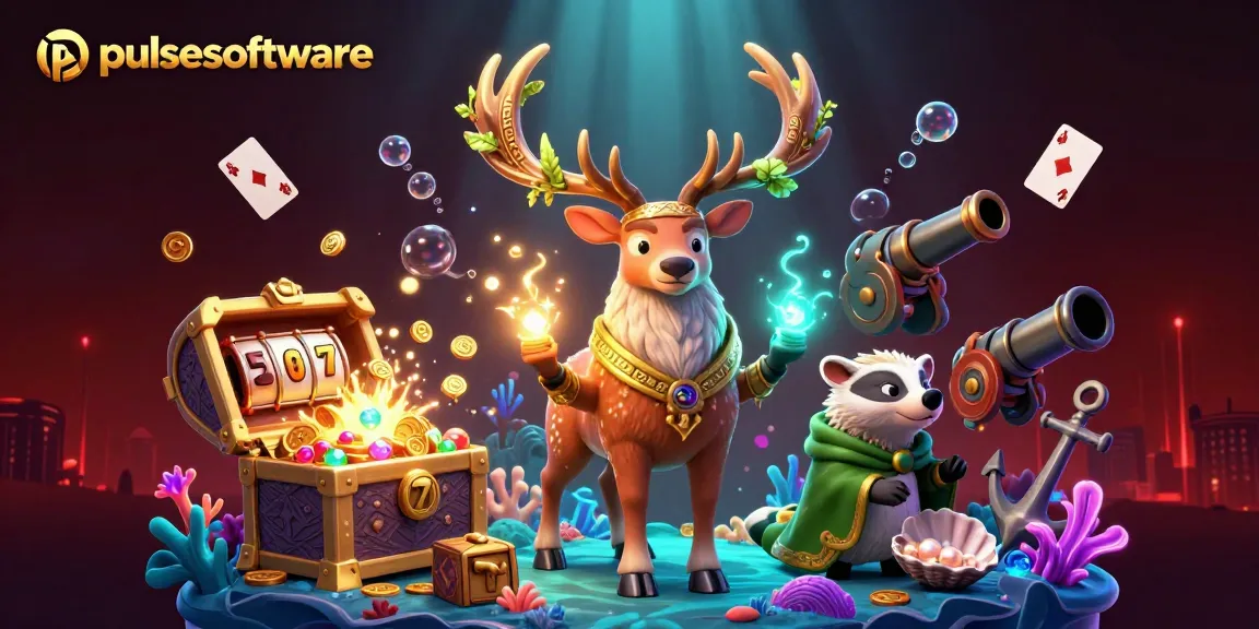 Pulsesoftware showcases a vivid 3D scene with a Celtic druid stag and a badger, surrounded by slot elements and treasure.