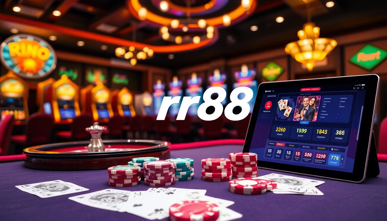 Experience thrilling gameplay with rr88 at an elegant casino table featuring cards, chips, and slot machines.