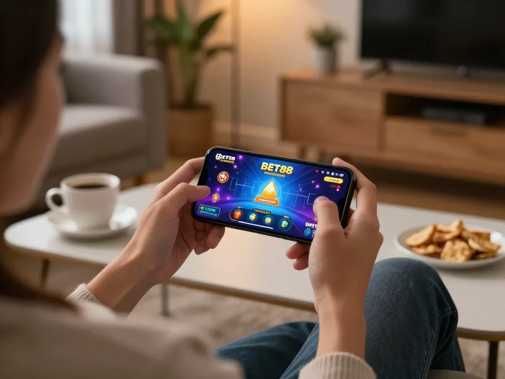 Player engaging with BET88 online casino game on smartphone, showcasing intense gameplay.