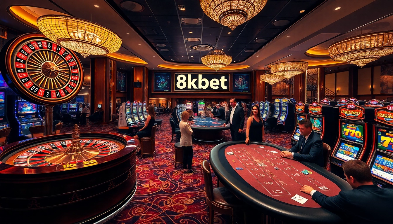 Exciting gambling scene showcasing 8kbet with roulette wheels, poker games, and enthusiastic players.
