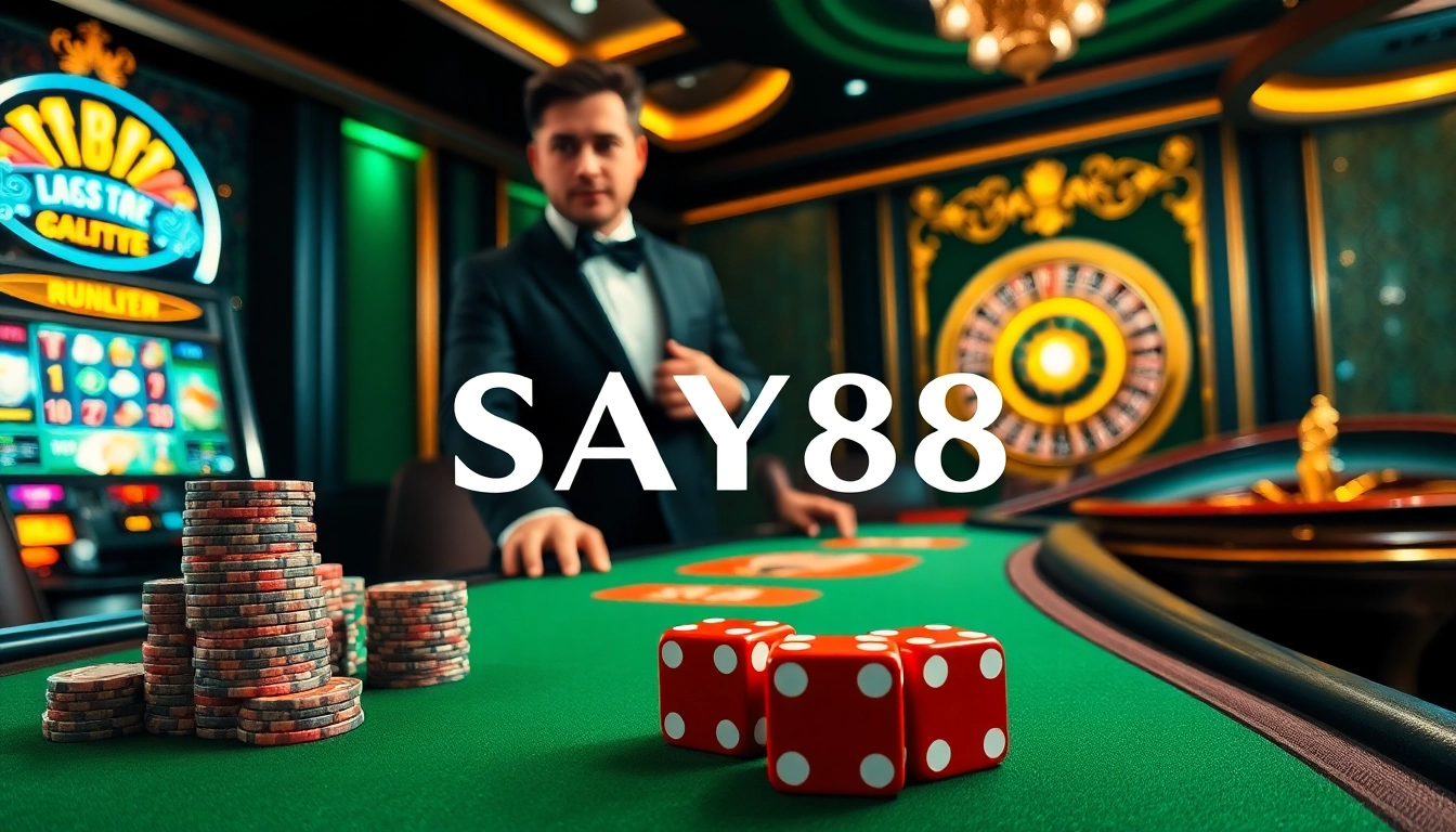 SAY88 showcases a vibrant casino scene with poker chips and a roulette wheel, inviting excitement.