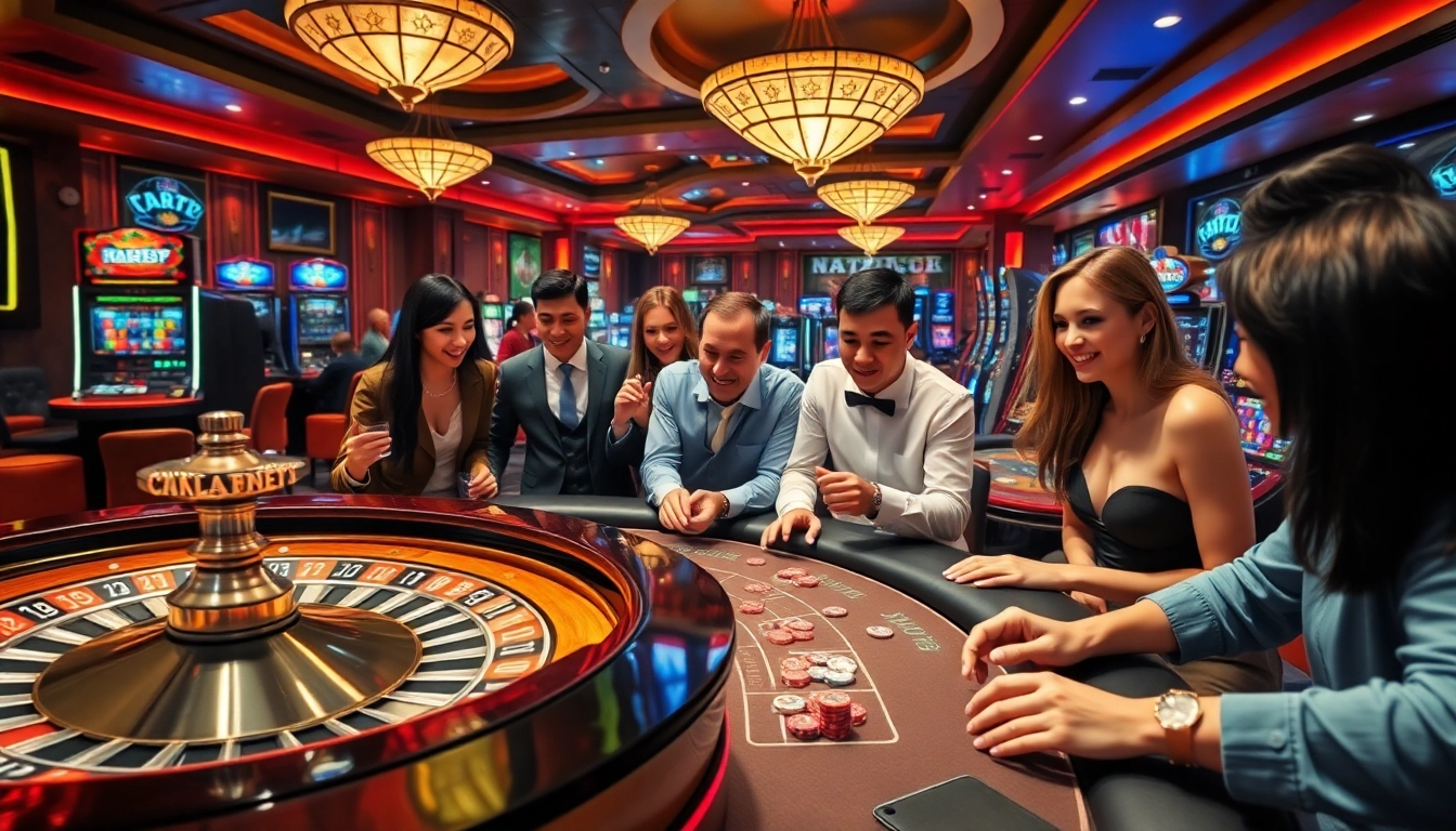 Exciting casino atmosphere showcasing players engaging in gambling at 789P, featuring roulette and poker tables.