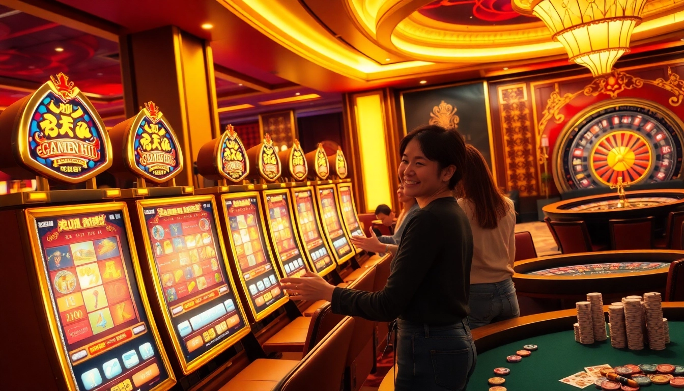 Gamblers enjoying the excitement of Game Nổ Hũ slots in a luxurious casino setting.