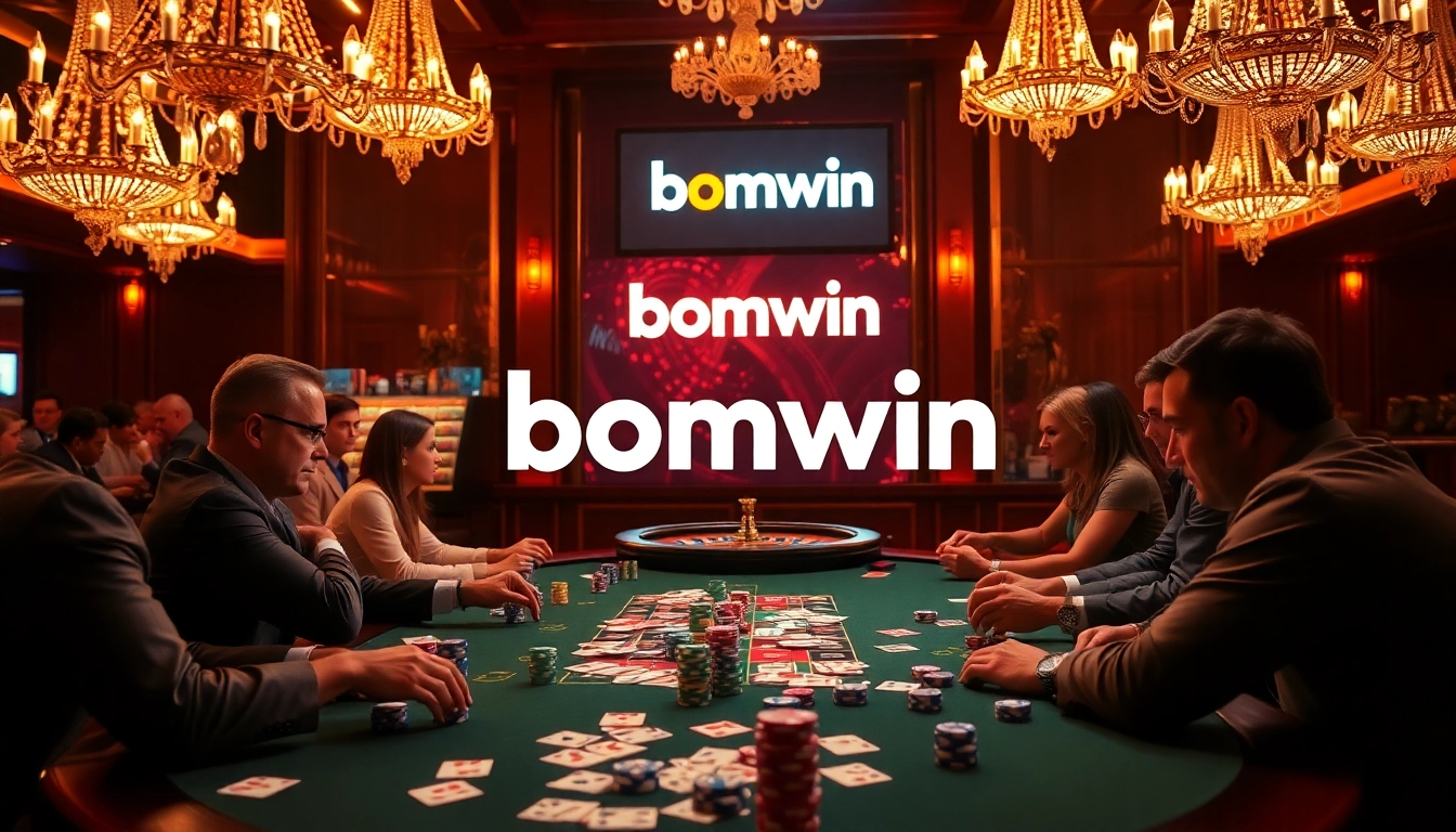 Engaging in a thrilling poker game at a luxurious Bomwin casino with vibrant chips and cards.