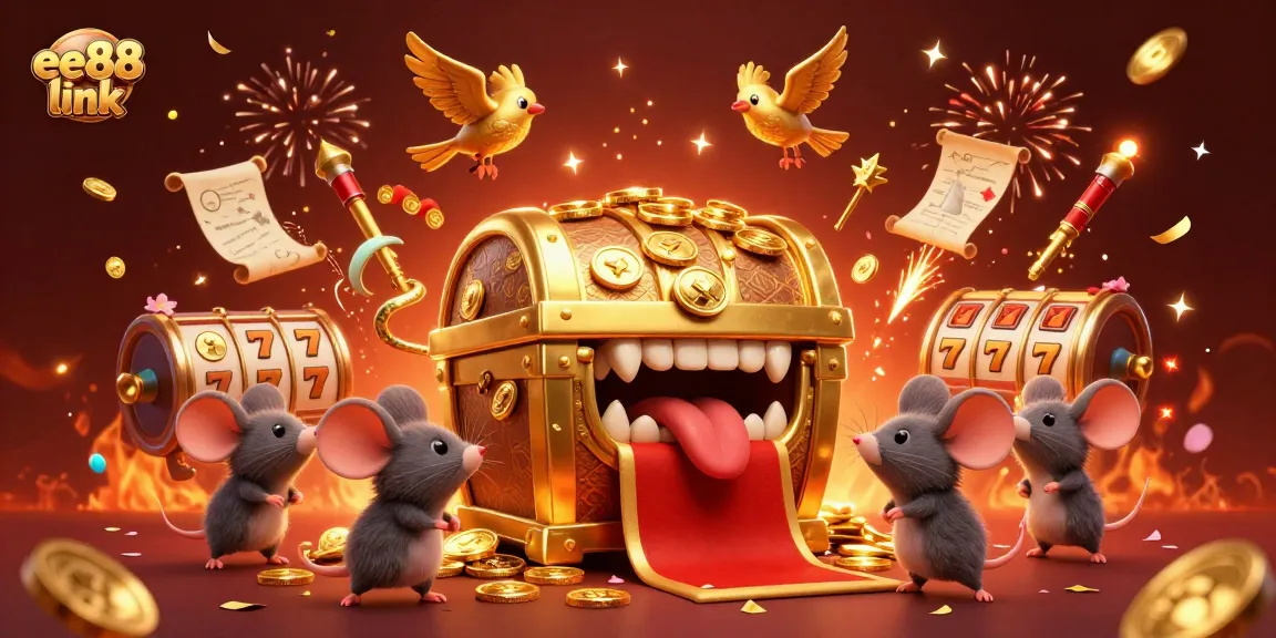 Engage with the exciting world of gambling through the vibrant ee88 link featuring a treasure chest and vibrant casino elements.