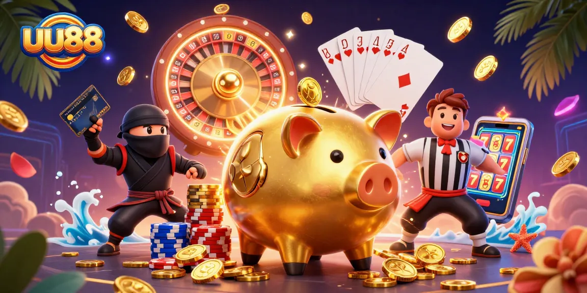 Experience uu88 with a dynamic illustration of a sumo wrestler, coins, and vibrant casino elements.