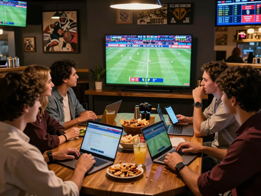 Friends engaged in sports betting activities on keobongda, analyzing odds on laptops and phones during a live match.