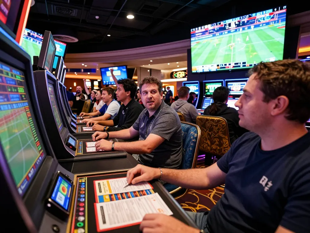Engaging sports betting scene at five88 casino, displaying live events and bettors in action