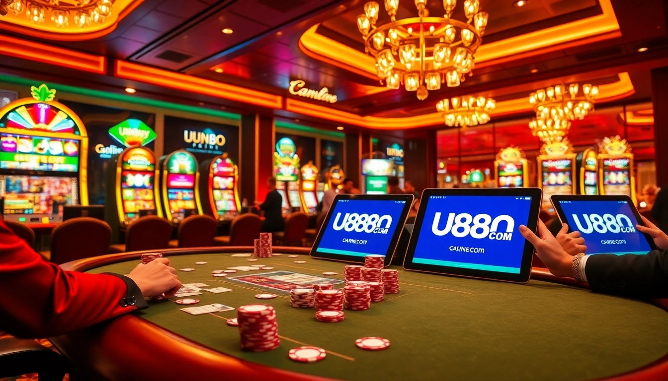 Experience the excitement of U888 Com at a luxurious poker table filled with vibrant chips and cards.