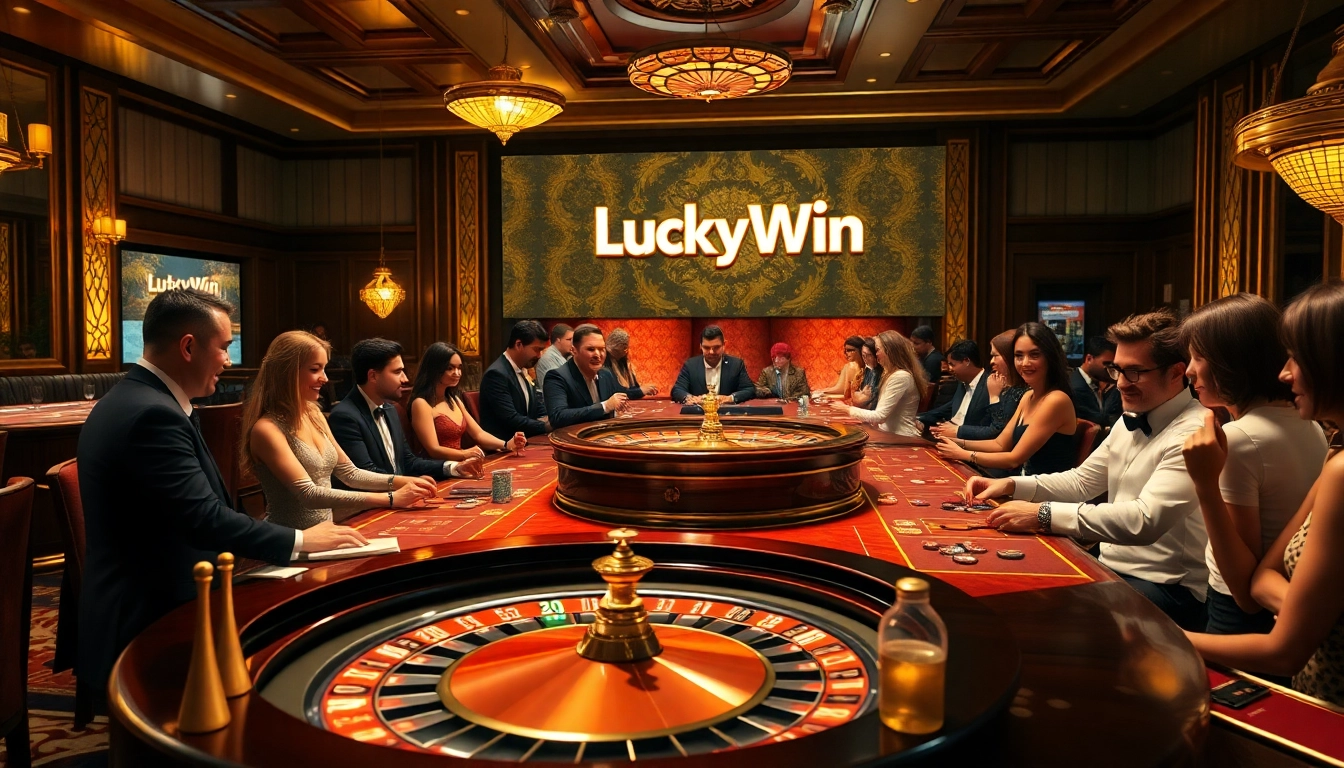 Players enjoying an engaging casino experience at LuckyWin, featuring roulette and poker elements.