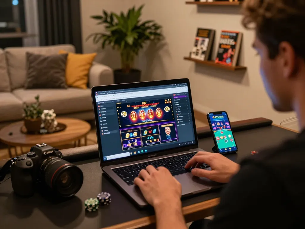 Player engaging with online casino gameplay at https://92slot.net/ on a laptop in a cozy home setting.