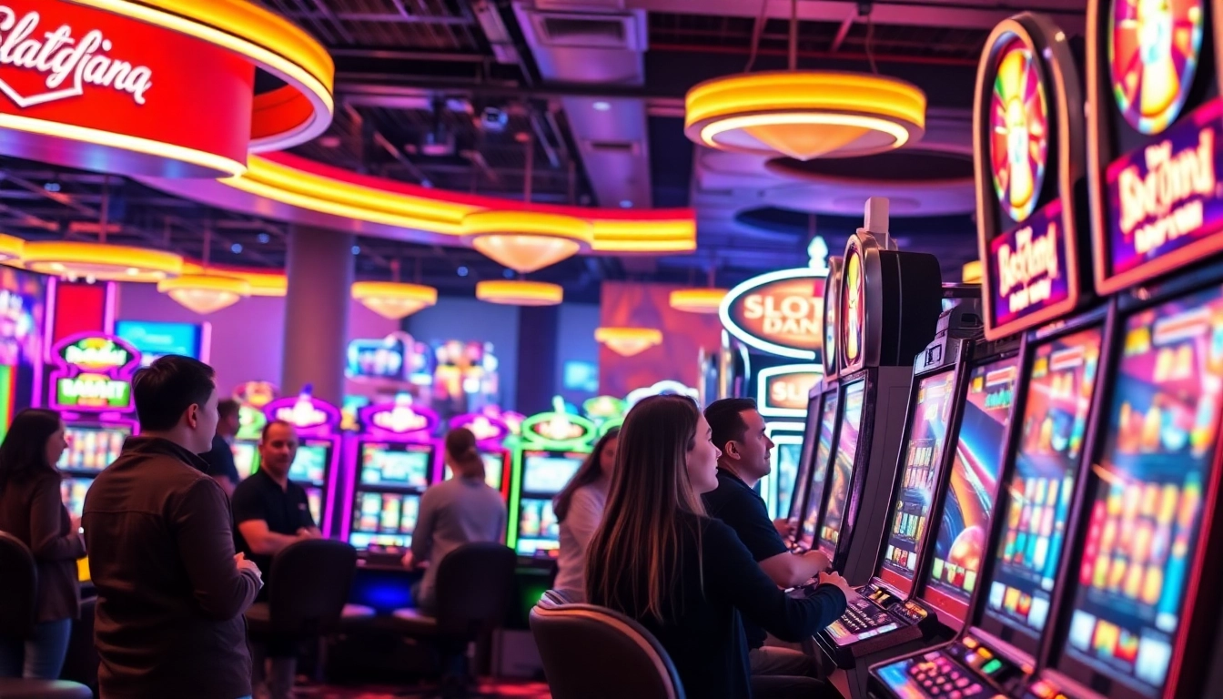 Permainan Slot Dana yang mengasyikkan di kasino yang ramai dengan mesin slot berkilau.