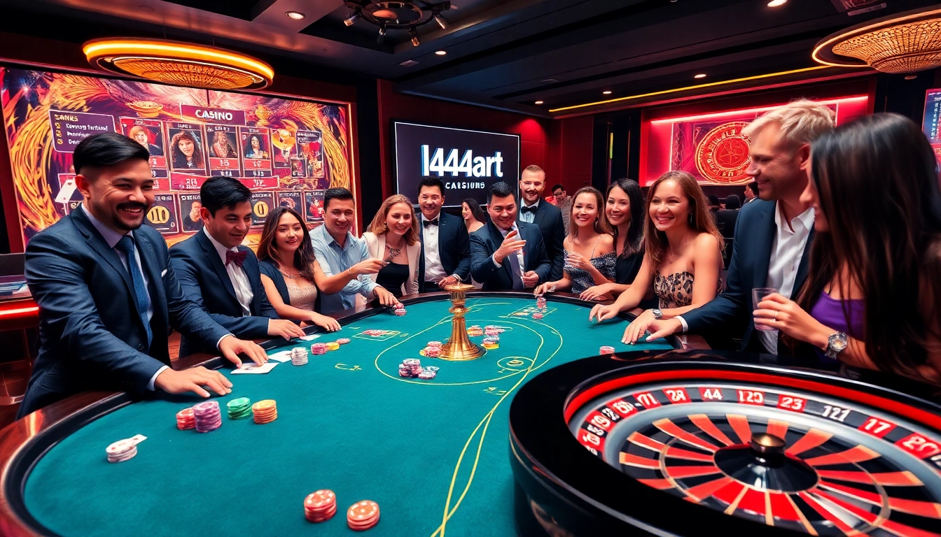 A lively casino scene illustrating players engaging with the l444.art platform, featuring colorful chips and cards.