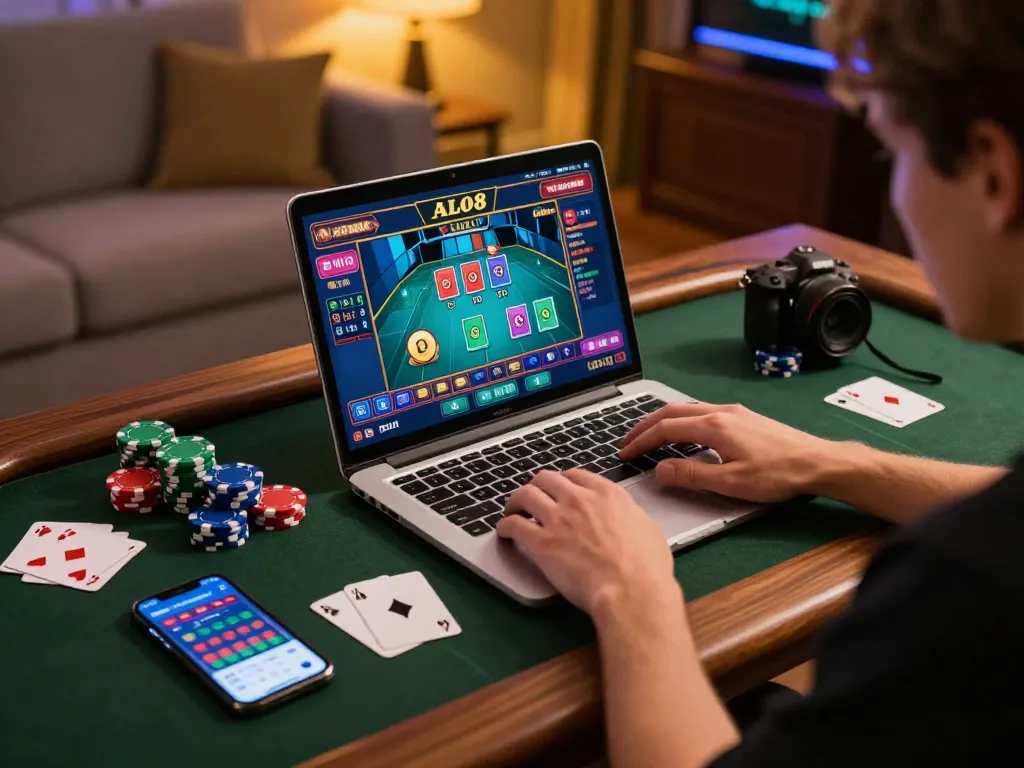 Player enjoying ALO8 live games on laptop, showcasing vibrant online casino atmosphere.
