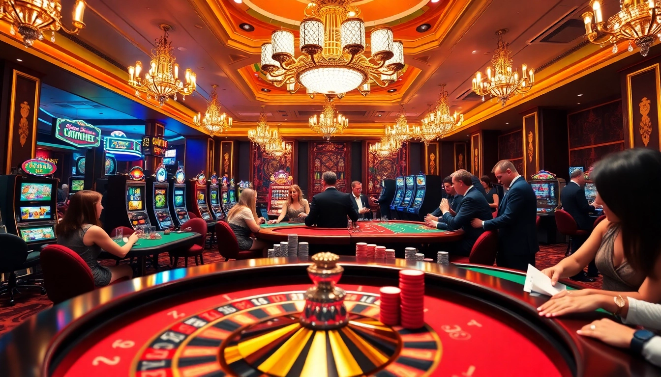 Players enjoying a thrilling night at the casino, experiencing 33WIN excitement with poker and roulette.