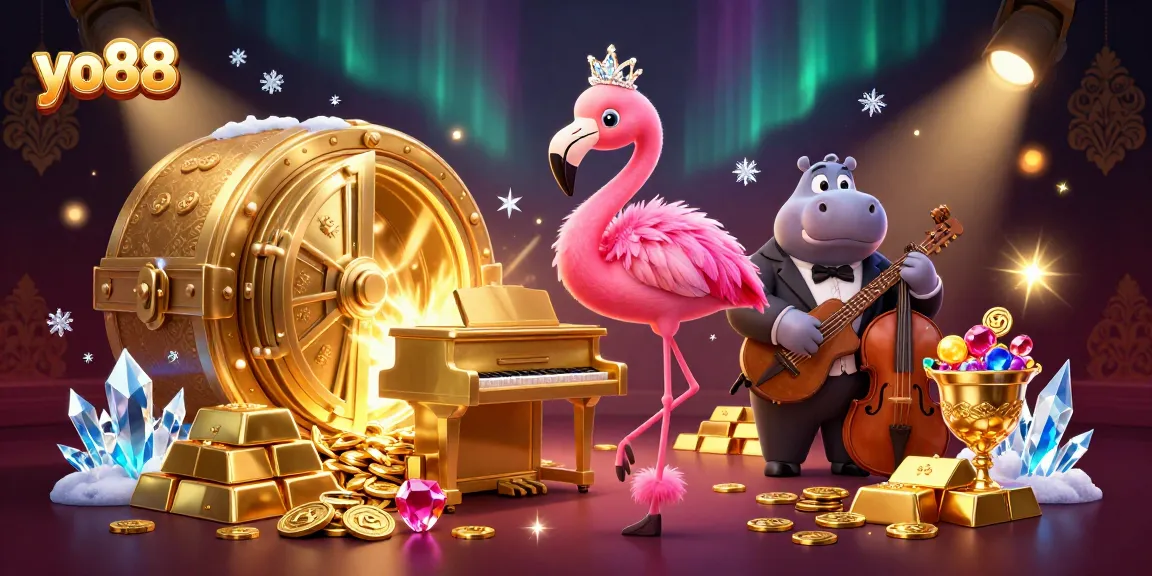 Experience excitement at yo88 with vibrant casino characters and gold treasure bursting in the scene.