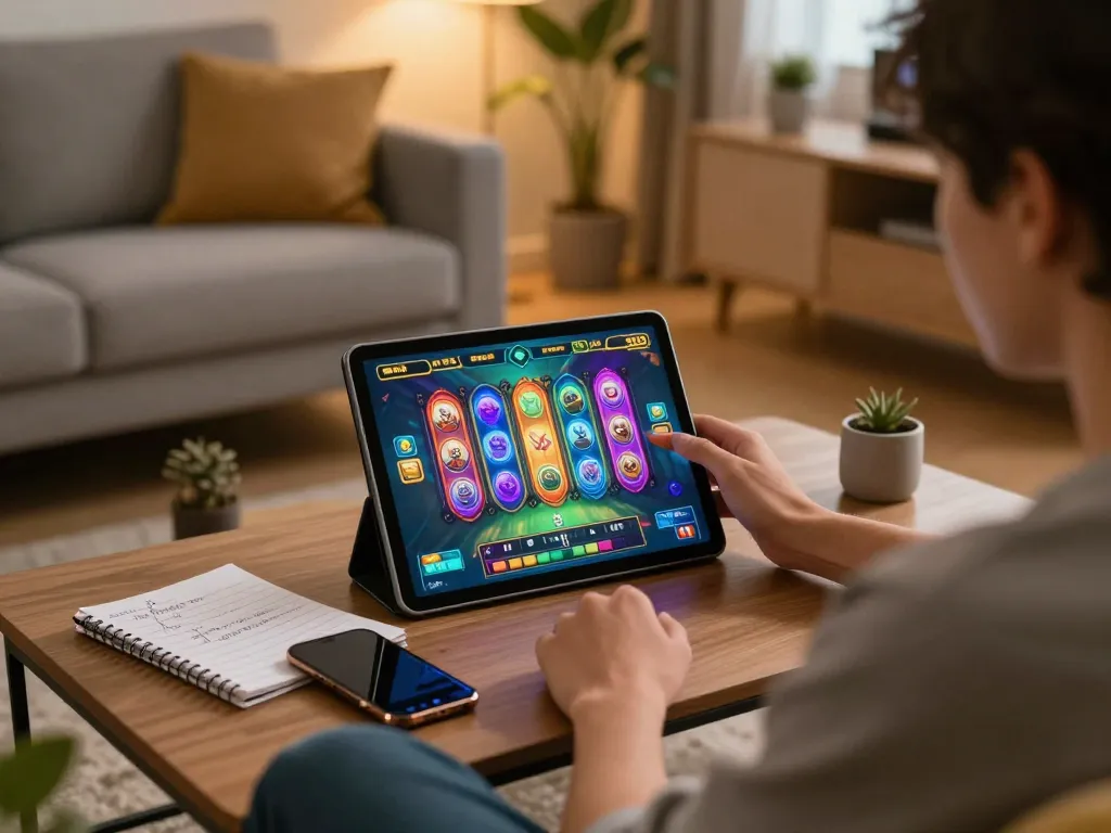Engaging in a slot game on Win138 while planning strategies with notes and smartphone.
