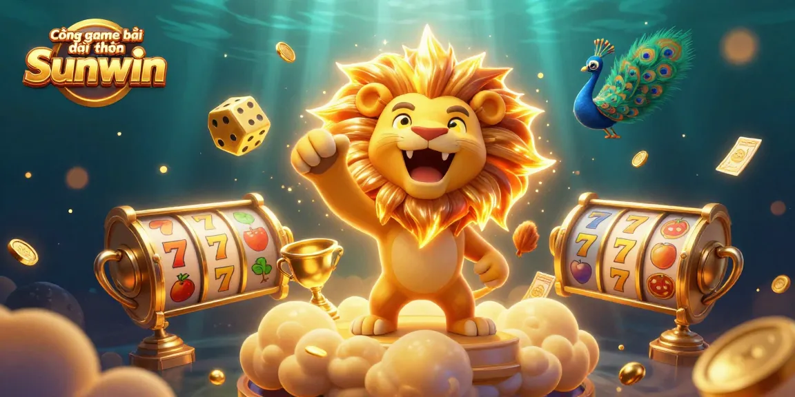 Cổng game bài đổi thưởng Sunwin showcases a triumphant sun lion in an energetic 3D digital casino scene filled with slot reels and sparkling effects.