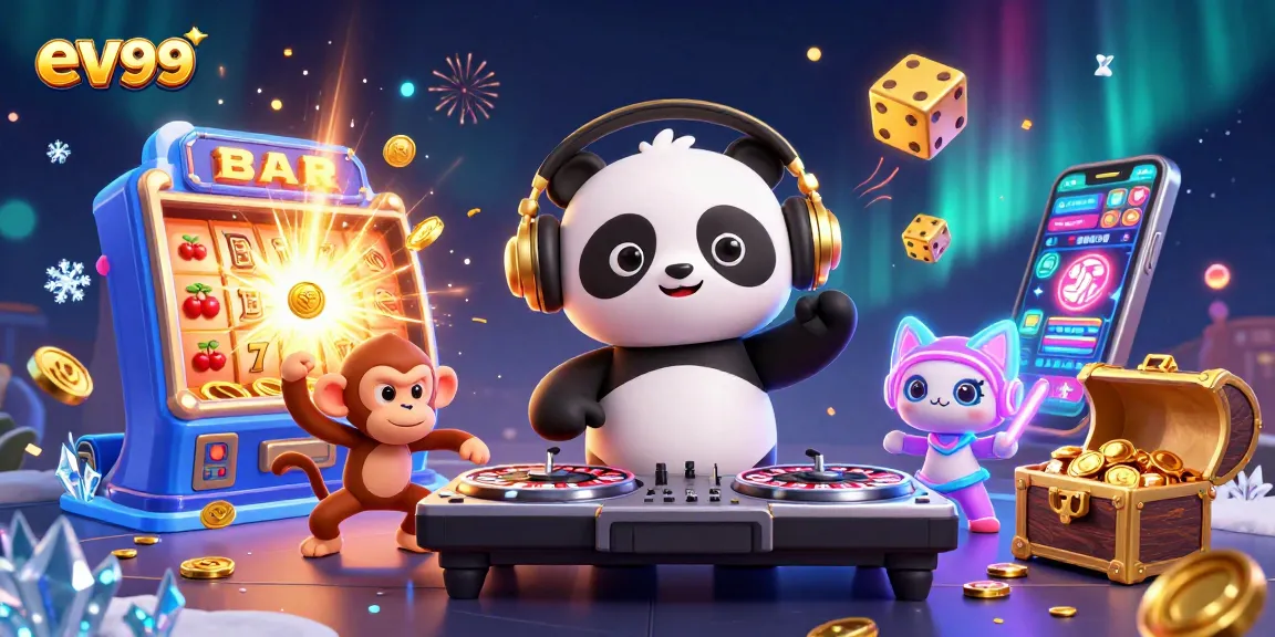 Spin the reels with ev99: A vibrant 3D scene showcasing a DJ panda and dynamic casino elements.