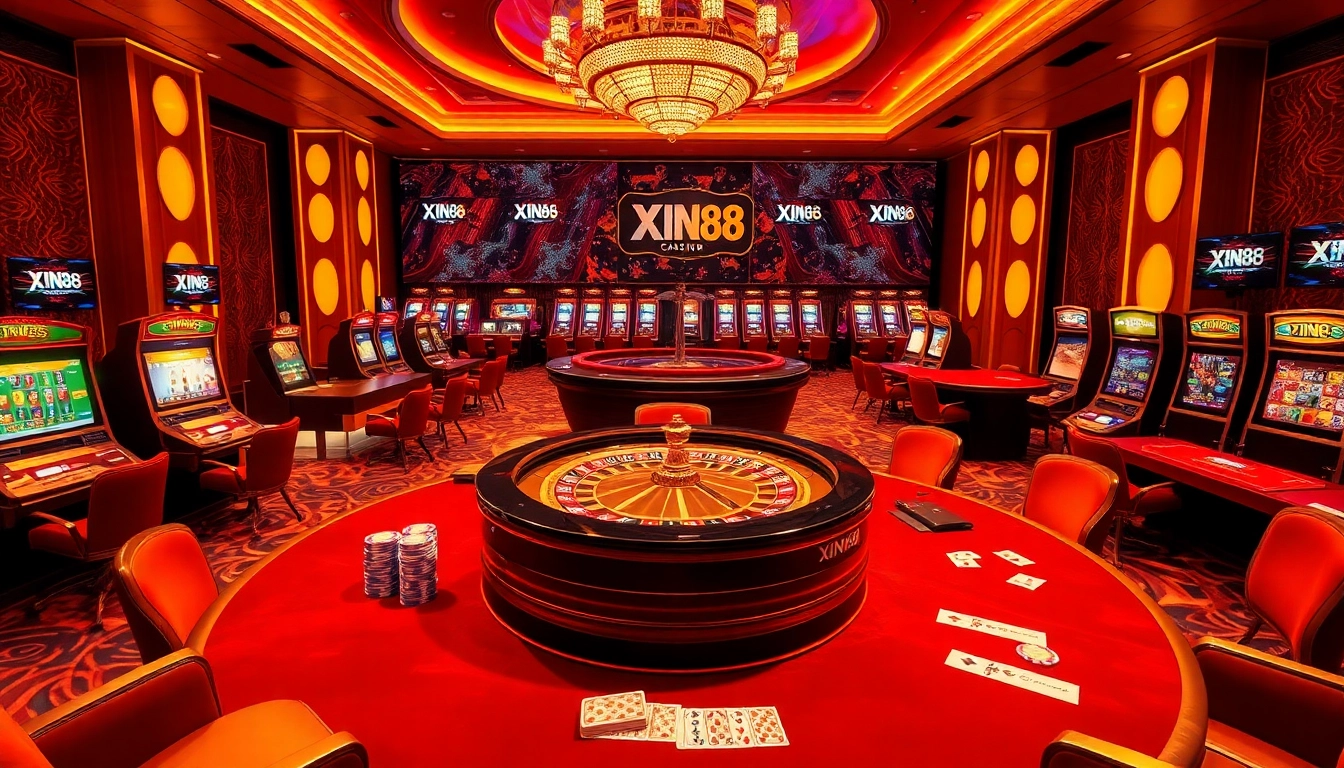 XIN88 online casino table with vibrant chips and cards, radiating excitement and professionalism.