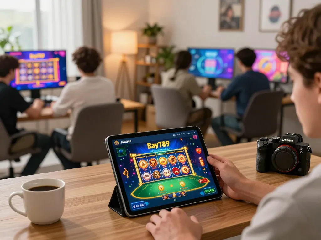 Engaging players enjoying Bay789 gaming on mobile app in cozy home setting.