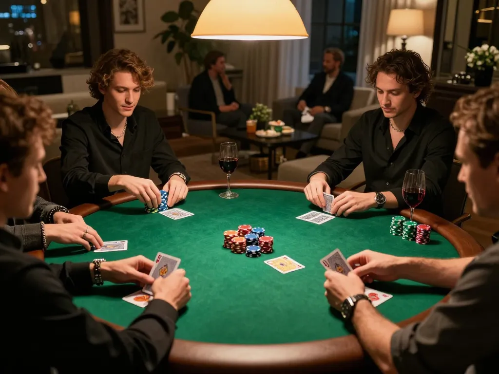 sin88 poker game with colorful chips and cards, friendly atmosphere in upscale home