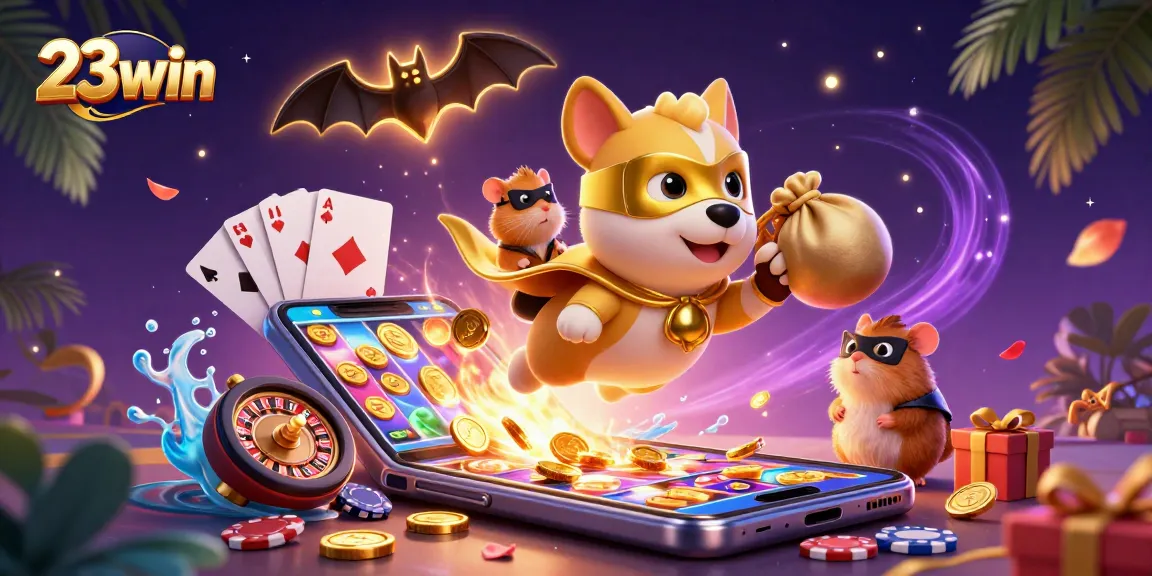 Experience 23win's thrilling games as cartoon characters fly with gold coins and exciting casino elements.