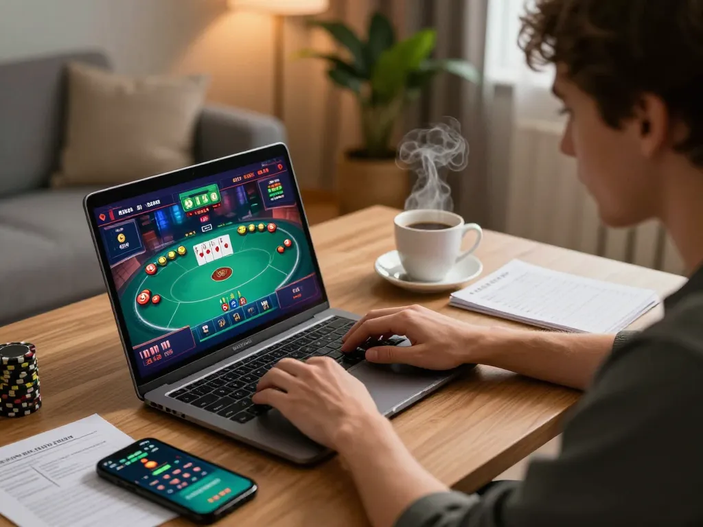 Player engaging in F168 online casino gaming with laptop and strategy notes, highlighting excitement and strategy