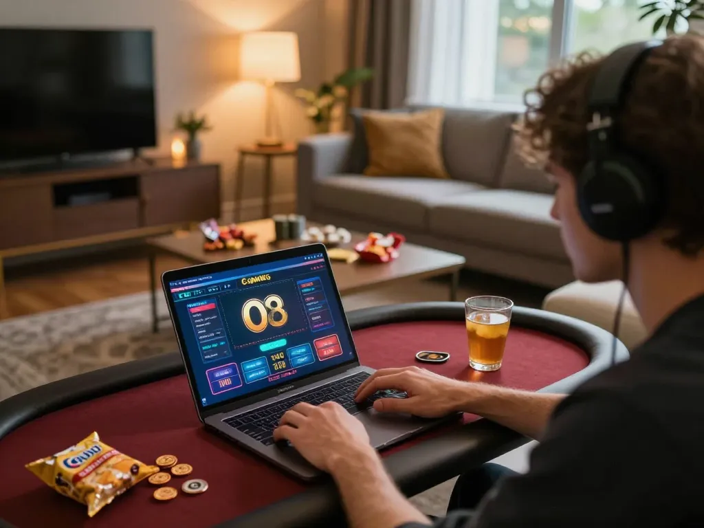 Player strategizing on O8 online casino game interface in a cozy living room