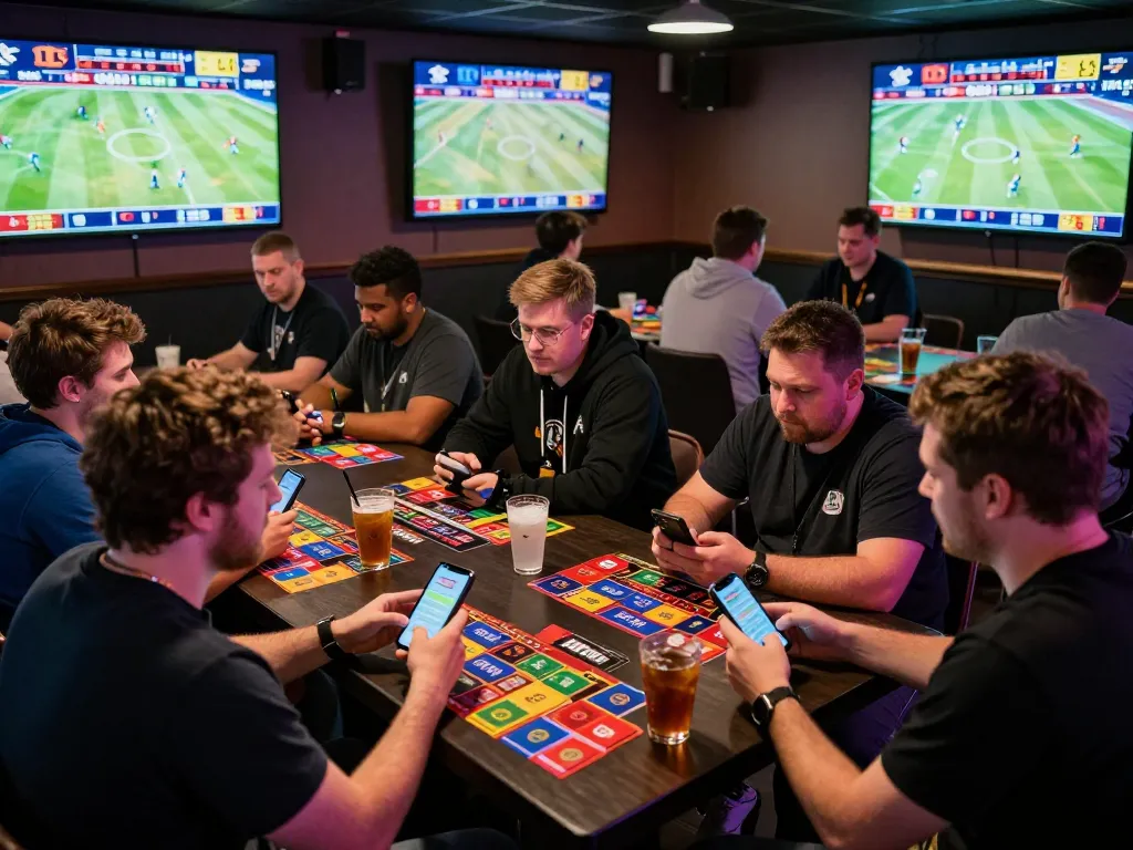 Active sports betting scene with patrons engaging in kqbd while discussing odds and placing bets at a vibrant lounge