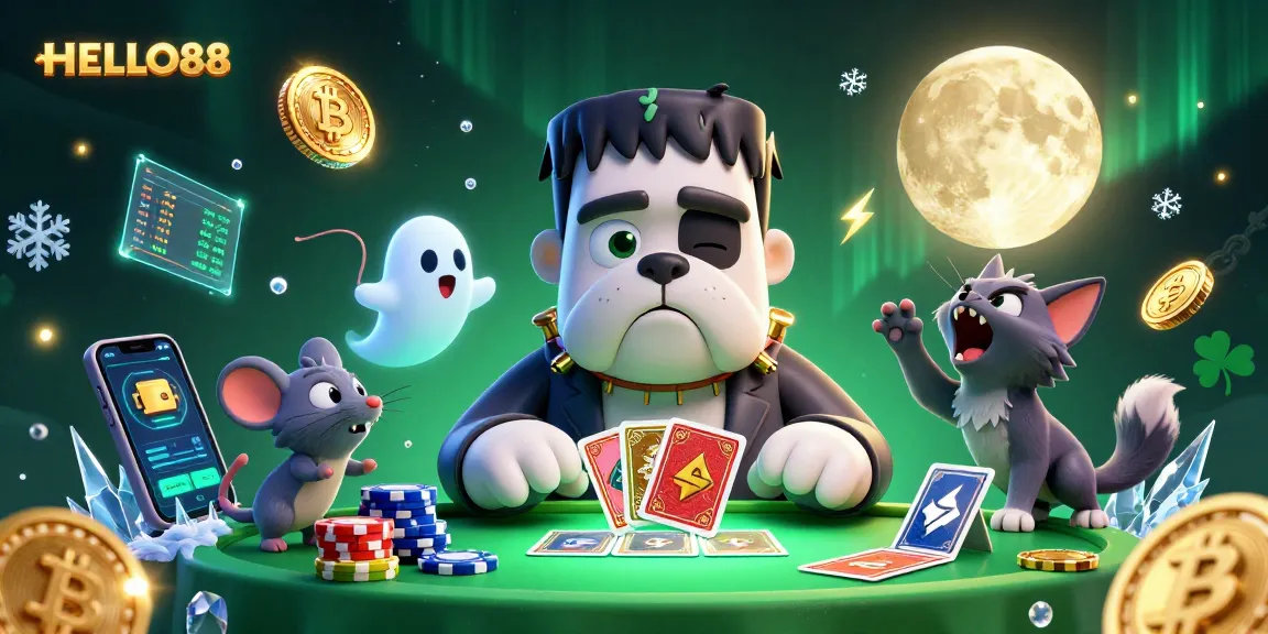 Experience thrilling games at HELLO88 with a vibrant 3D casino scene featuring monsters and crypto elements.