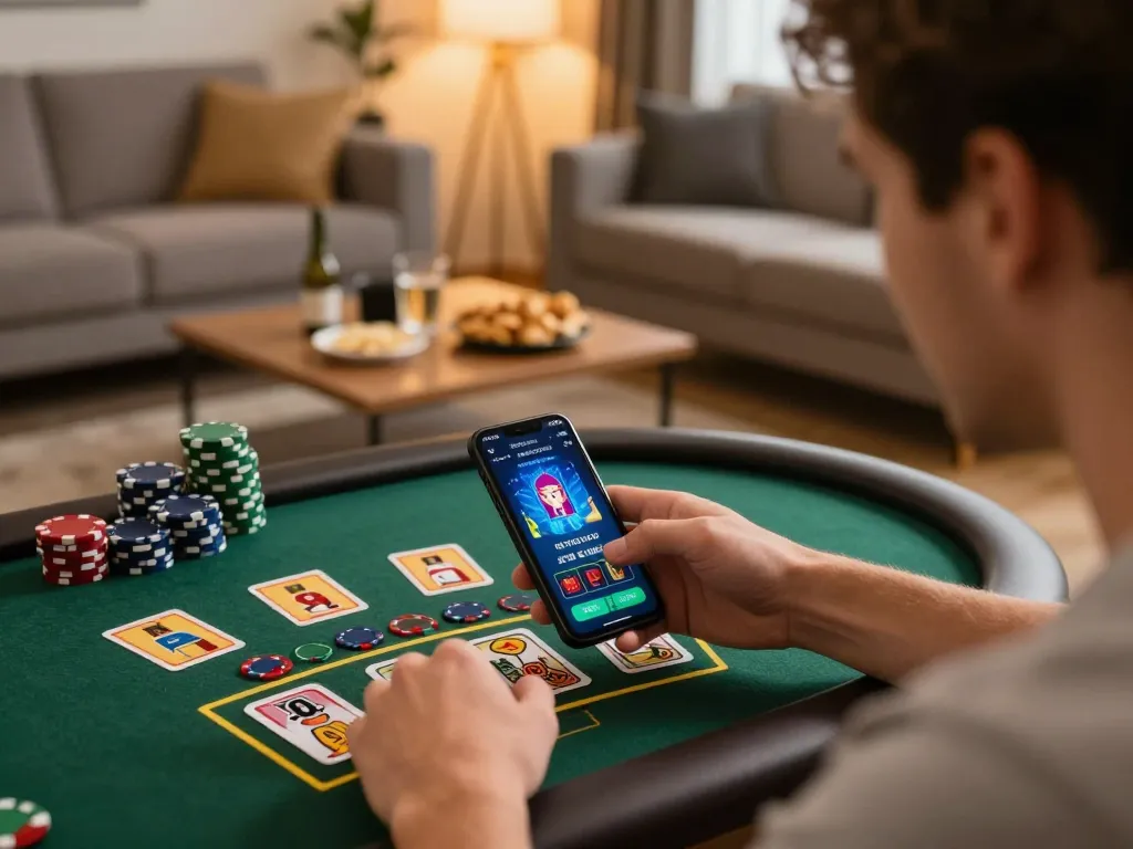 Player using Tin88 app for live blackjack in a cozy home setup, showcasing immersive online gaming.