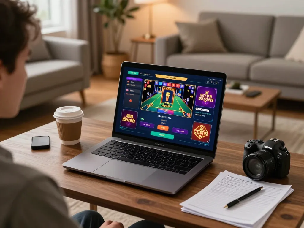 Engaging in online casino games on 888top from a cozy home setup with stylish decor and a screen full of options.