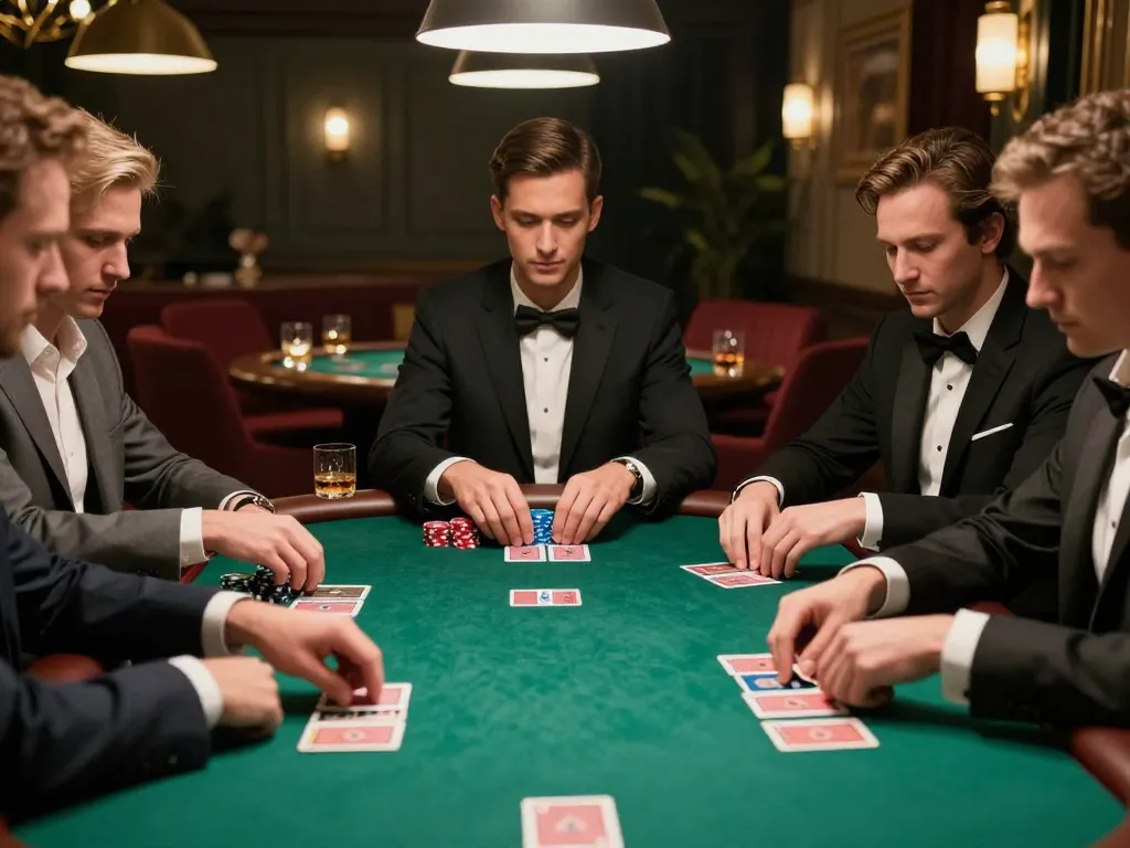 Players at an upscale poker table strategizing their bets, showcasing the thrilling atmosphere of mb66 gaming