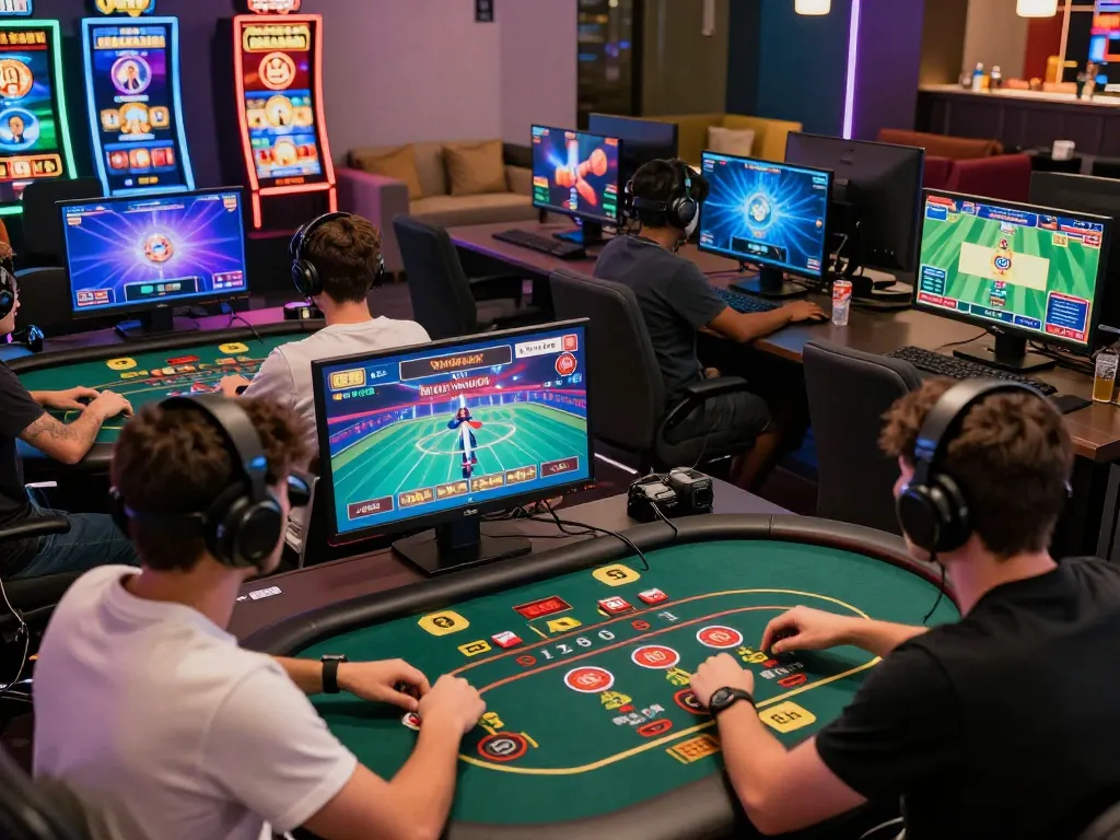 Hitclub online gaming community interacting with diverse casino games in a vibrant setting.