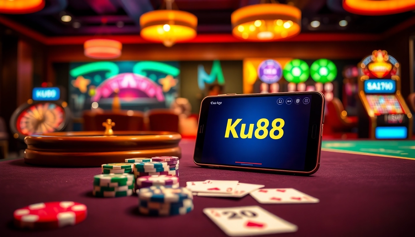 Experience the excitement of Tải app Ku88 with a vibrant casino scene showcasing games and online betting.
