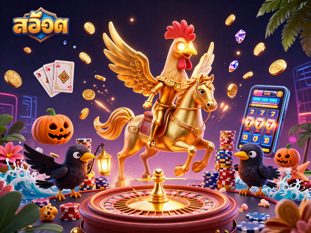 Engage with สล็อต spin action in a vibrant casino setting featuring a golden rooster hero.