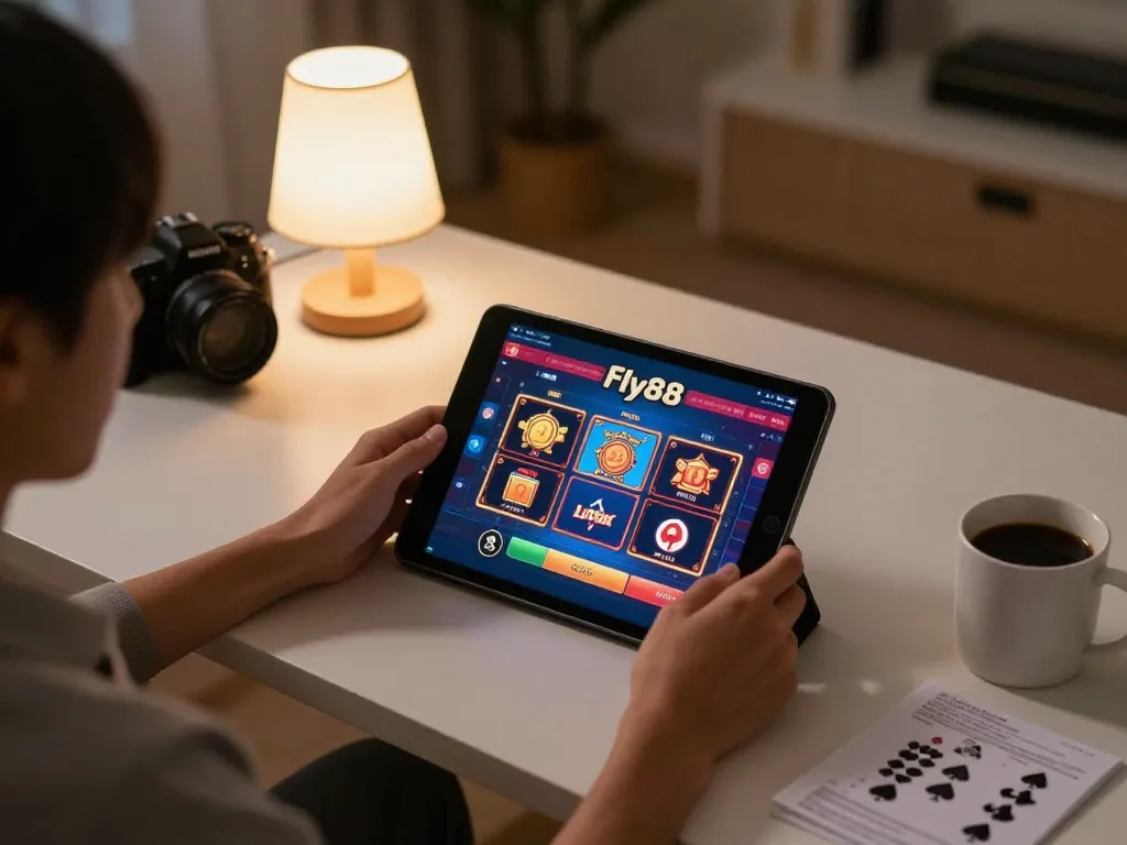 Person gaming on Fly88 tablet, showcasing engaging online casino interface in a cozy home setup.
