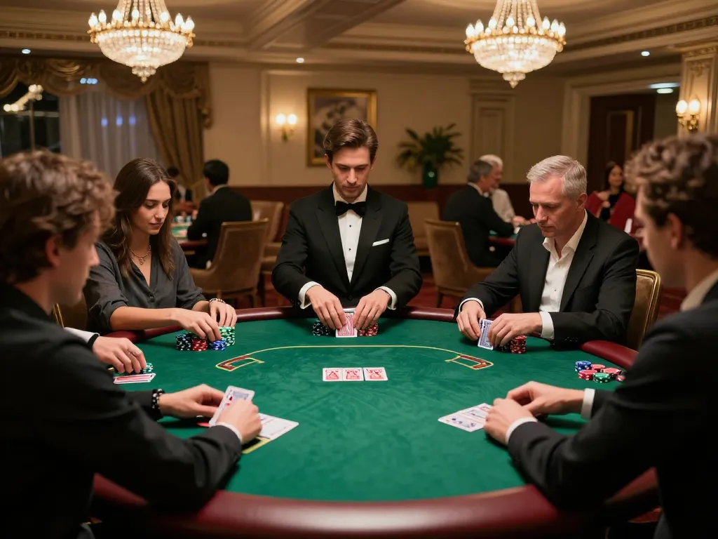 68win players engaging in strategic poker game at luxurious casino table with vibrant decor