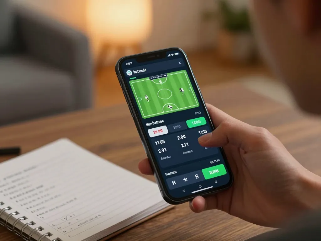 Engaging with the kèo nhà cái interface, a person studies live betting odds in a cozy home setting.