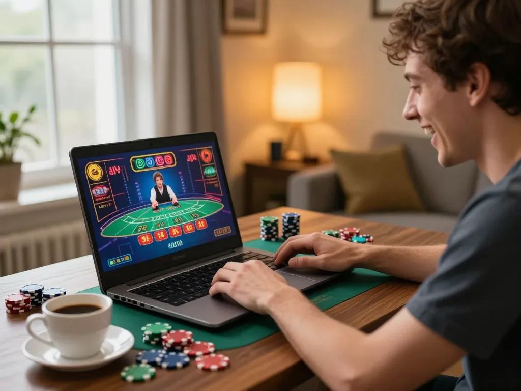 Player enjoying thrilling tr88 online baccarat experience on a laptop at home.