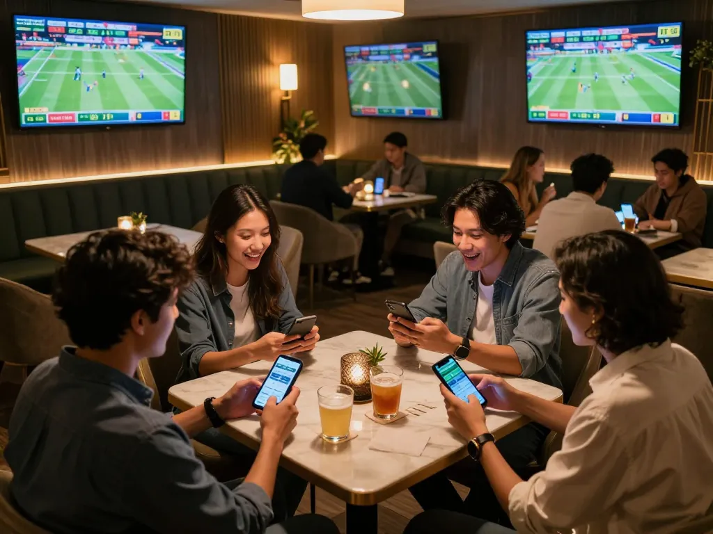 Sky88 sports betting scene with friends discussing odds and using mobile devices in a vibrant lounge