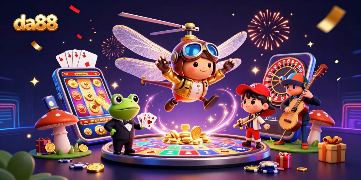 Engage with da88 at a lively lily pad casino where a dragonfly pilot and frog croupier deal cards.