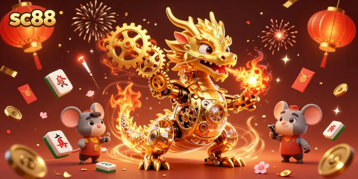 Join the excitement of sc88 with a fiery dragon amidst casino elements and festive decorations.