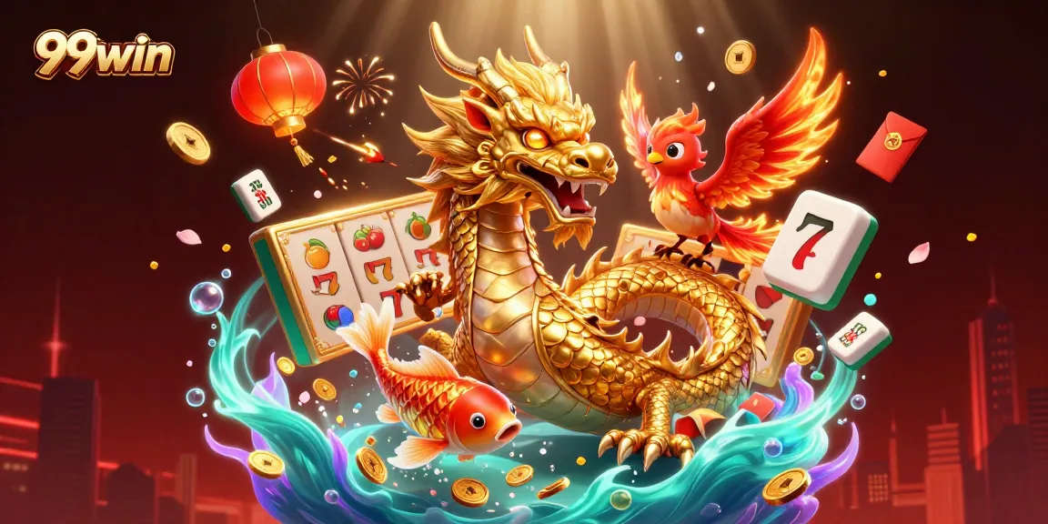 Experience exciting slots with 99win in a vibrant fantasy scene of dragons and coins.