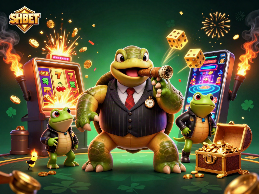 Experience the thrilling SHBET gaming scene with a rich illustration of a snapping turtle mobster and dynamic elements.
